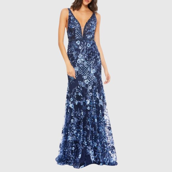 $698 Mac Duggal 67481 Size 4 Blue Floral Embroidered V-Neck Long Maxi Gown Dress - Picture 2 of 5